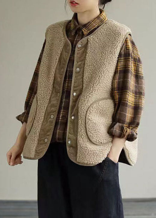 Lässiges Khaki Patchwork Kunstpelz Tank ärmellos