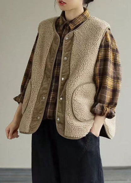 Lässiges Khaki Patchwork Kunstpelz Tank ärmellos