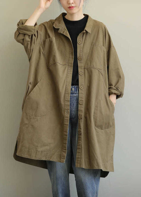 Lässiger Khaki Peter Pan Kragen Taschen Patchwork Baumwollmantel Langarm