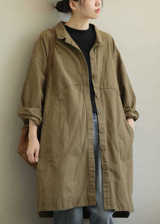 Lässiger Khaki Peter Pan Kragen Taschen Patchwork Baumwollmantel Langarm
