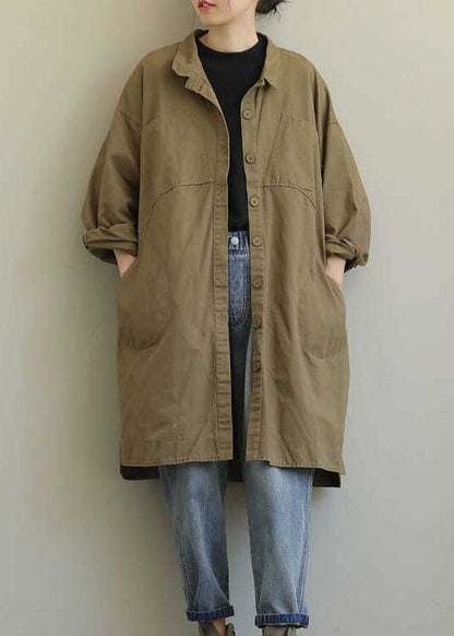 Lässiger Khaki Peter Pan Kragen Taschen Patchwork Baumwollmantel Langarm