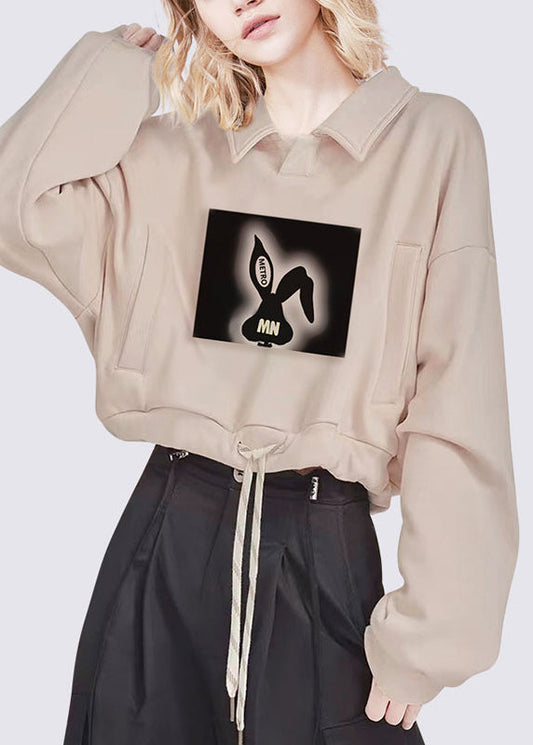 Casual Khaki Peter Pan Collar Print Drawstring Sweatshirts Fall