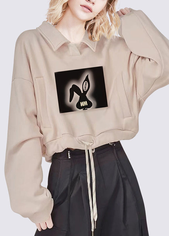 Casual Khaki Peter Pan Collar Print Drawstring Sweatshirts Fall