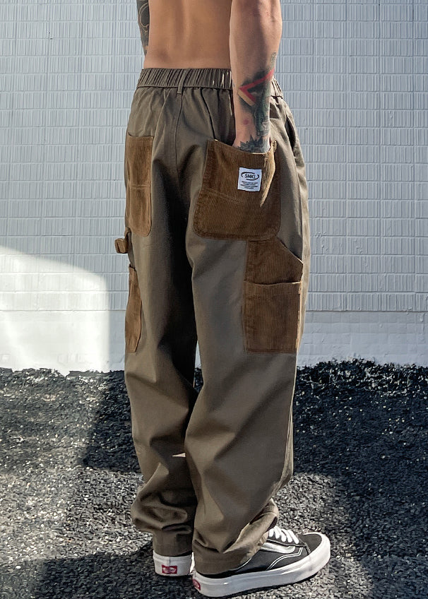Casual Khaki Pockets Drawstring Patchwork Cotton Men Pants Summer