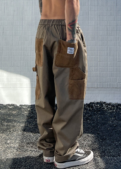 Casual Khaki Pockets Drawstring Patchwork Cotton Men Pants Summer