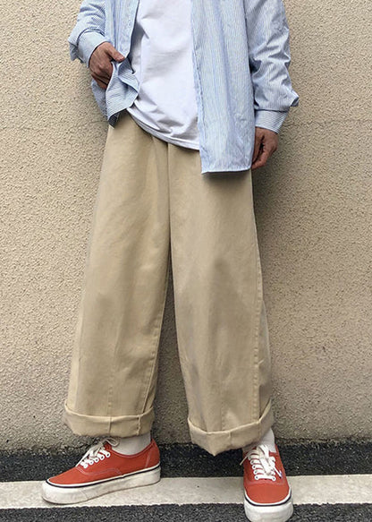 Casual Khaki Pockets Solid Cotton Men Wide Leg Pants Fall