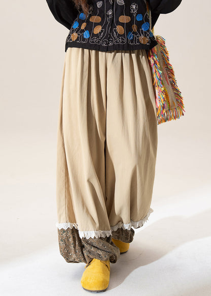 Pantalones casuales de algodón con cintura elástica y estampado de patchwork color caqui para primavera