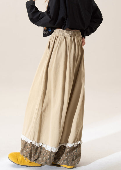 Pantalones casuales de algodón con cintura elástica y estampado de patchwork color caqui para primavera