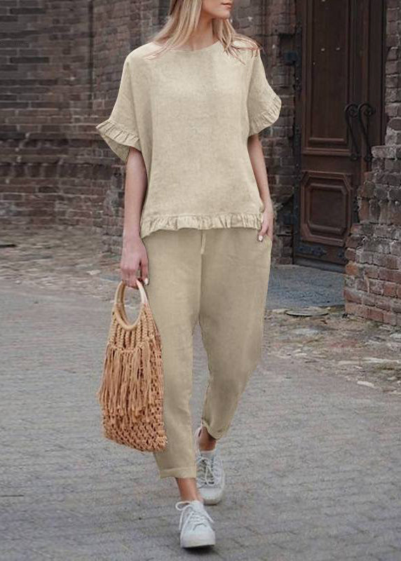 Casual Khaki Ruffled Patchwork Top And Crop Pants Two Pieces Set Short Sleeve