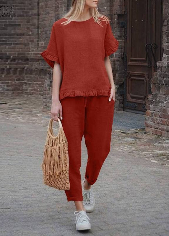 Casual Khaki Ruffled Patchwork Top And Crop Pants Two Pieces Set Short Sleeve