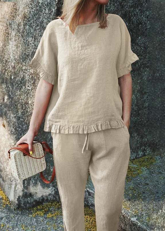 Casual Khaki Ruffled Patchwork Top And Crop Pants Two Pieces Set Short Sleeve