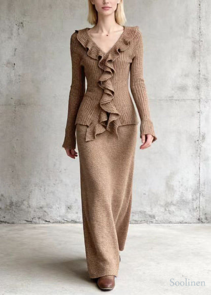 Casual Khaki Ruffled Silm Fit Knit Two Pieces Set Spring