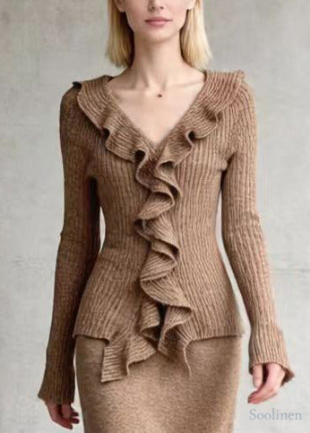 Casual Khaki Ruffled Silm Fit Knit Two Pieces Set Spring