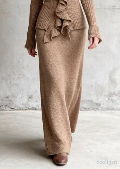 Casual Khaki Ruffled Silm Fit Knit Two Pieces Set Spring