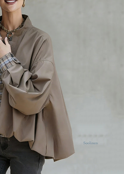 Casual Khaki Stand Collar Pockets Patchwork Low High Design Coat Spring