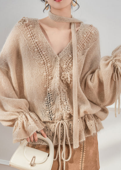 Casual Khaki V Neck Drawstring Cozy Knit Cardigan Flare Sleeve