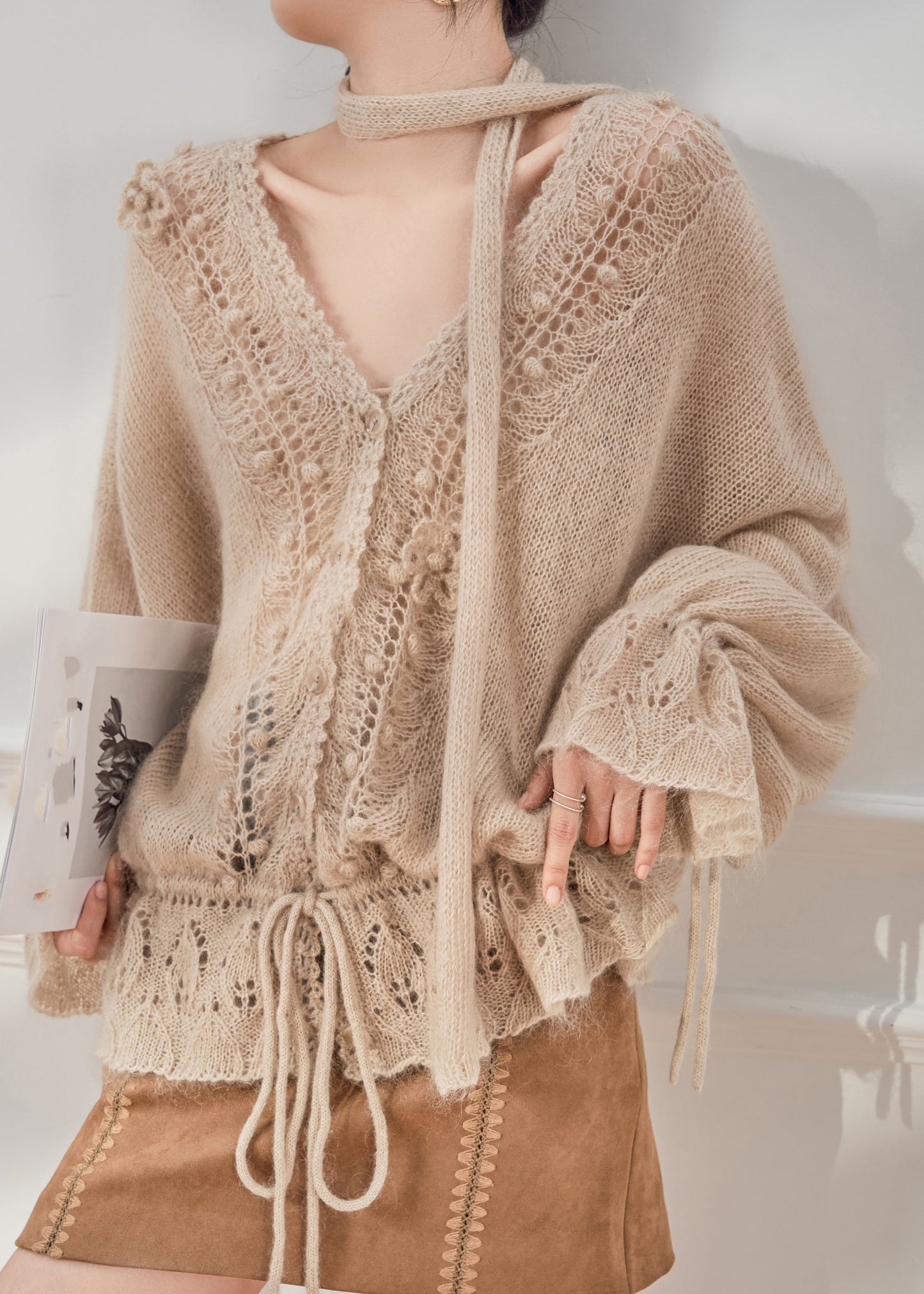 Casual Khaki V Neck Drawstring Cozy Knit Cardigan Flare Sleeve