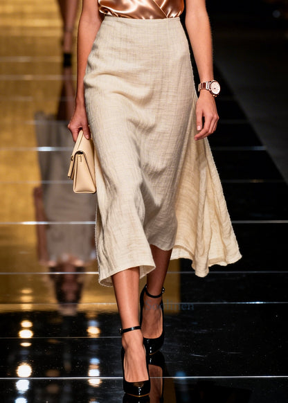 Casual Khaki V Neck Linen Silk Two Piece Suit Set Summer
