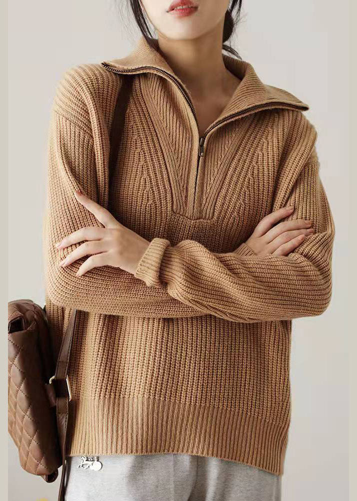 Lässiger Khaki-Strickpullover mit Reißverschluss, Oberteile für den Winter