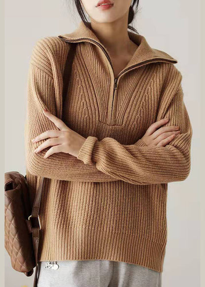Lässiger Khaki-Strickpullover mit Reißverschluss, Oberteile für den Winter