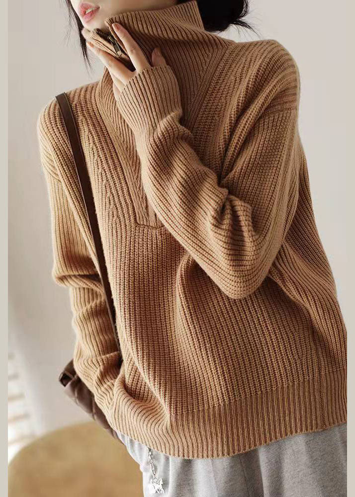 Lässiger Khaki-Strickpullover mit Reißverschluss, Oberteile für den Winter