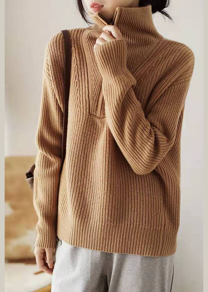 Lässiger Khaki-Strickpullover mit Reißverschluss, Oberteile für den Winter
