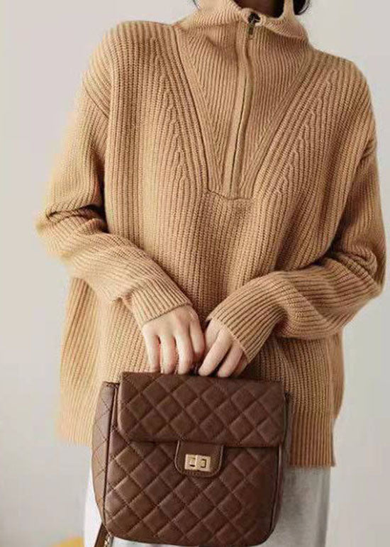 Lässiger Khaki-Strickpullover mit Reißverschluss, Oberteile für den Winter