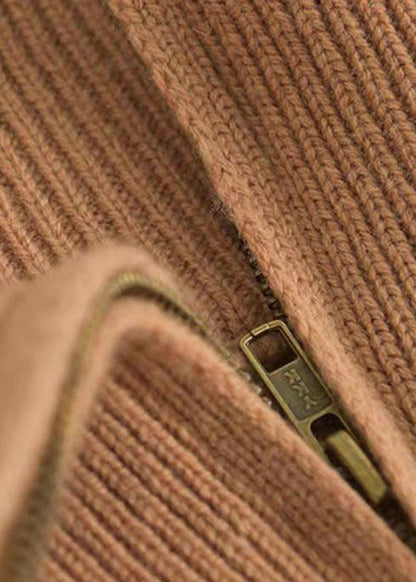 Lässiger Khaki-Strickpullover mit Reißverschluss, Oberteile für den Winter