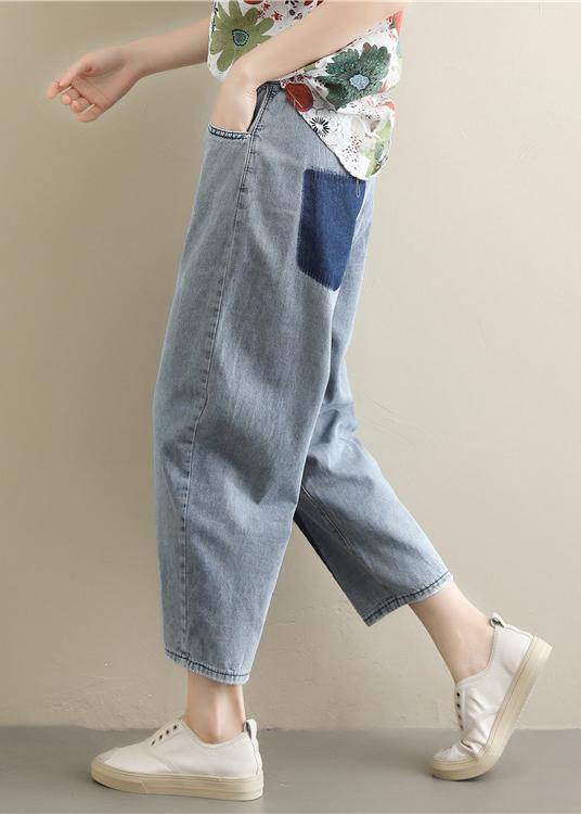 Casual Korean version of light blue pants loose wild nine points jeans elastic waist pants - SooLinen