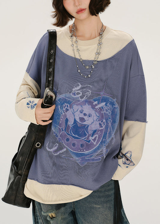 Lässiges, lavendelfarbenes Oversize-Sweatshirt aus Patchwork-Baumwolle, Streetwear für den Frühling