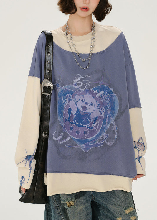 Lässiges, lavendelfarbenes Oversize-Sweatshirt aus Patchwork-Baumwolle, Streetwear für den Frühling