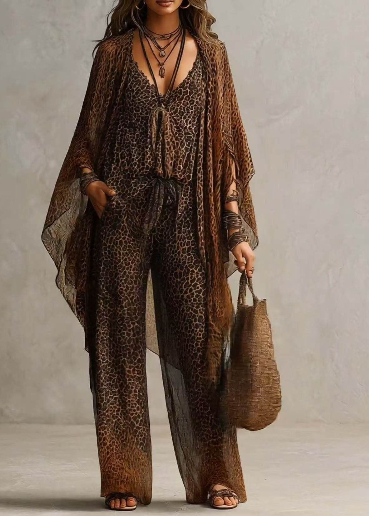 Casual Leopard UPF 50+ And Jumpsuit Two Pieces Set Long Sleeve