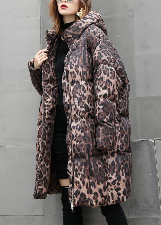 Casual Leopard women plus size Coats winter hooded zippered outwear - SooLinen