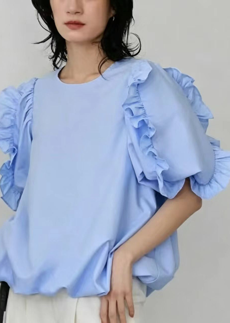Casual Light Blue Ruffled Cotton Shirt Top Short Sleeve