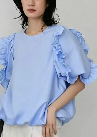 Casual Light Blue Ruffled Cotton Shirt Top Short Sleeve