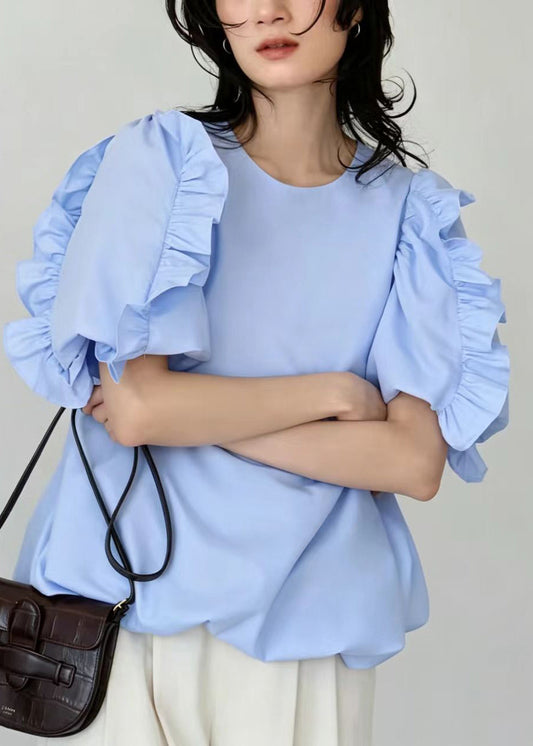 Casual Light Blue Ruffled Cotton Shirt Top Short Sleeve
