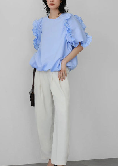 Casual Light Blue Ruffled Cotton Shirt Top Short Sleeve