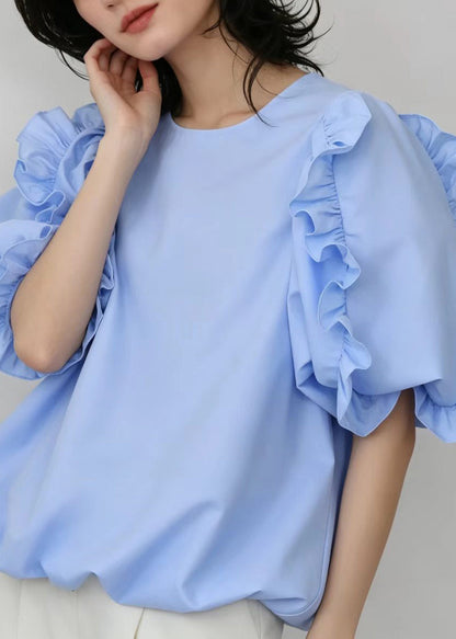 Casual Light Blue Ruffled Cotton Shirt Top Short Sleeve