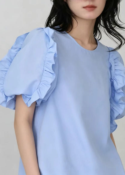 Casual Light Blue Ruffled Cotton Shirt Top Short Sleeve