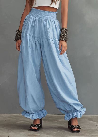 Casual Light Blue Ruffled Lantern Pants Elastic Waist Pants