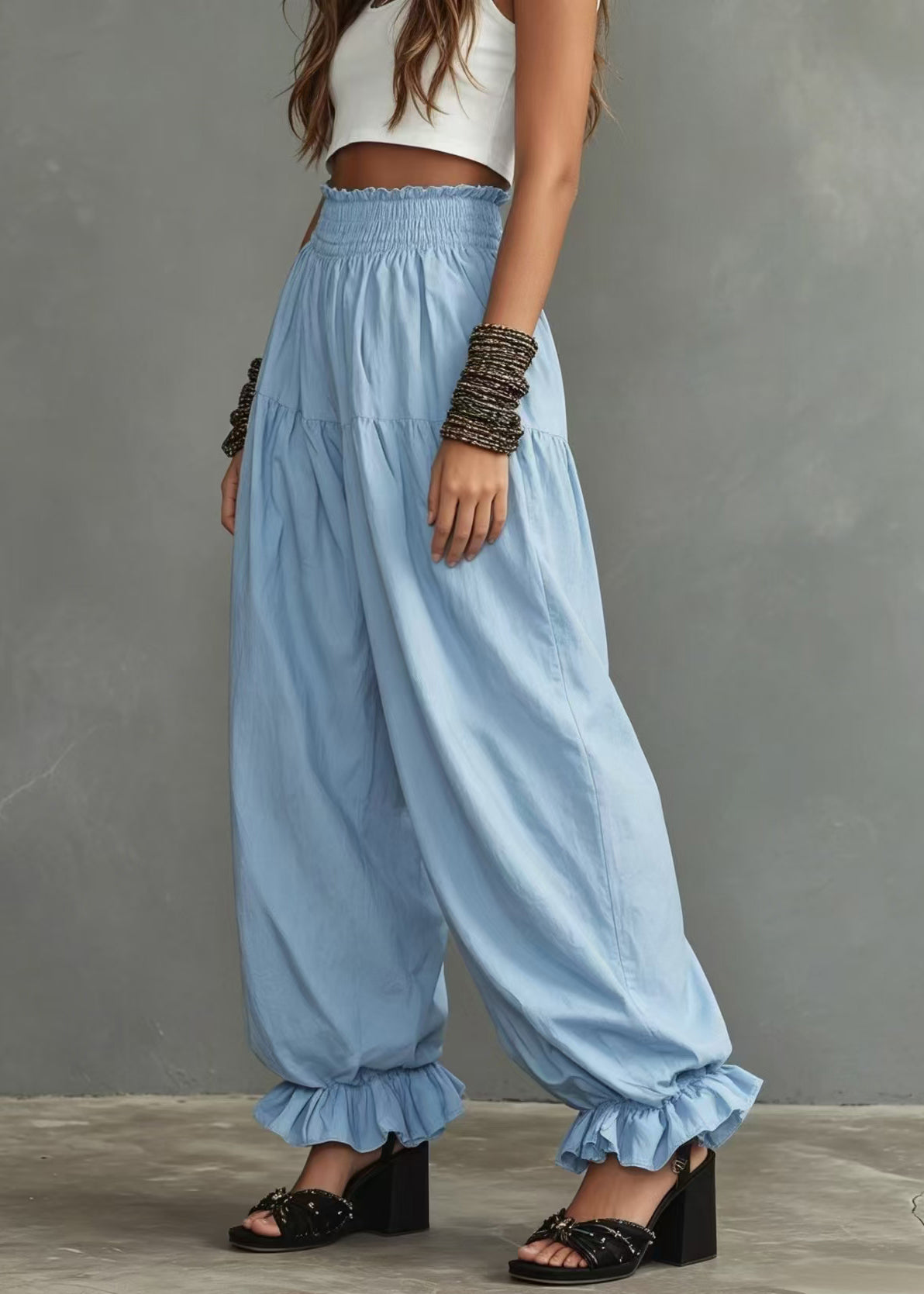 Casual Light Blue Ruffled Lantern Pants Elastic Waist Pants