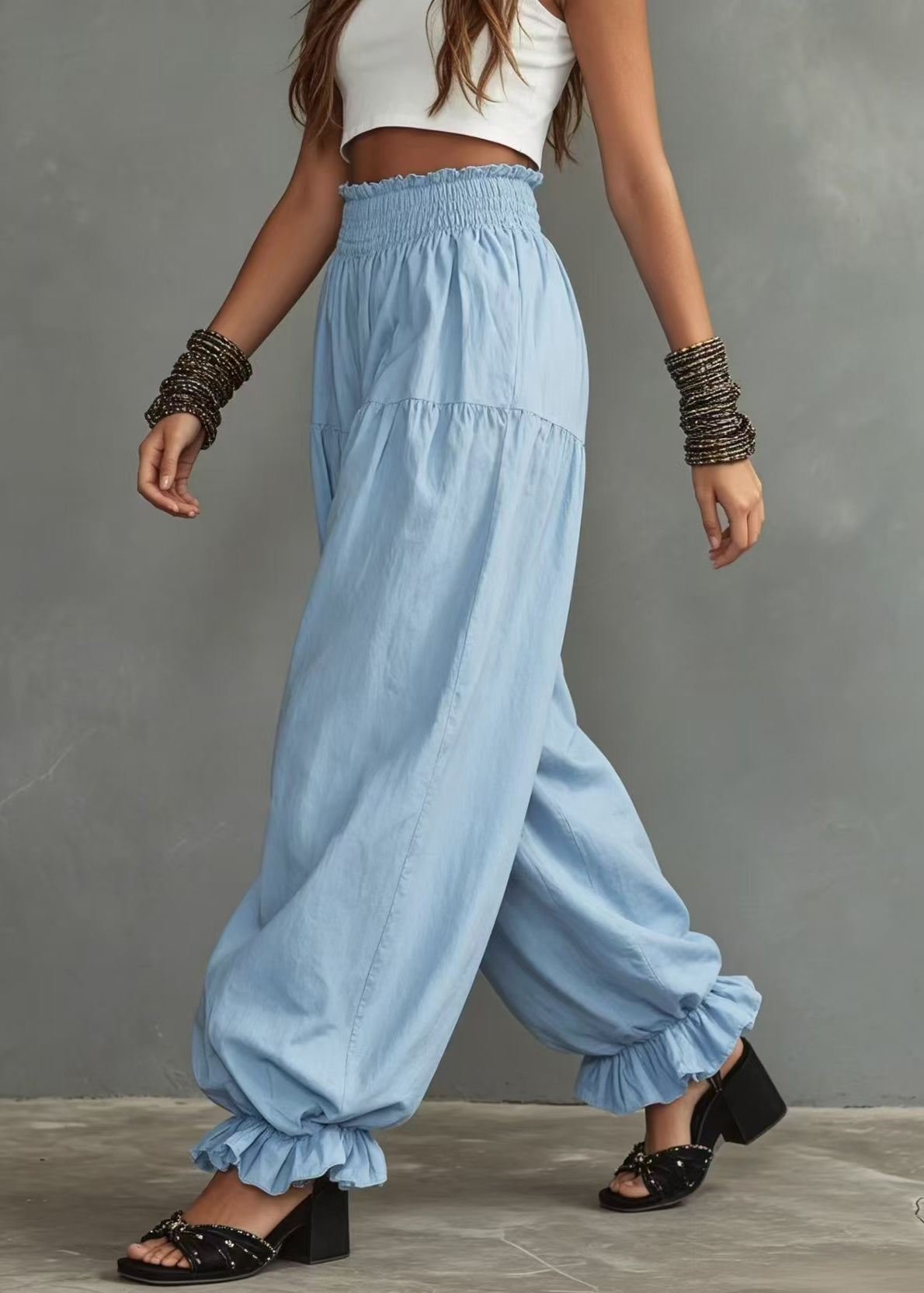 Casual Light Blue Ruffled Lantern Pants Elastic Waist Pants