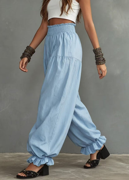 Casual Light Blue Ruffled Lantern Pants Elastic Waist Pants