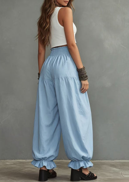 Casual Light Blue Ruffled Lantern Pants Elastic Waist Pants