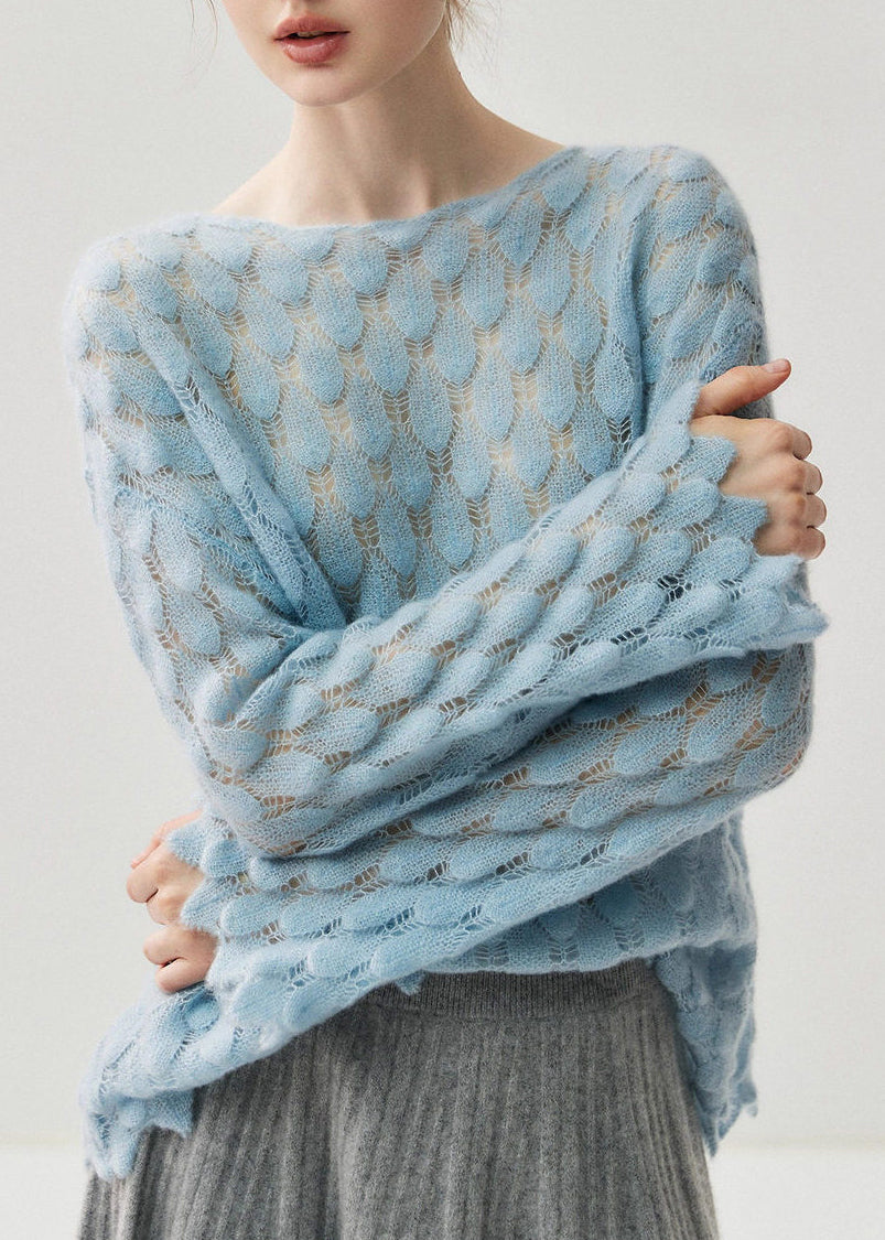 Suéter informal de punto de algodón azul claro con cuello oblicuo y aberturas para primavera