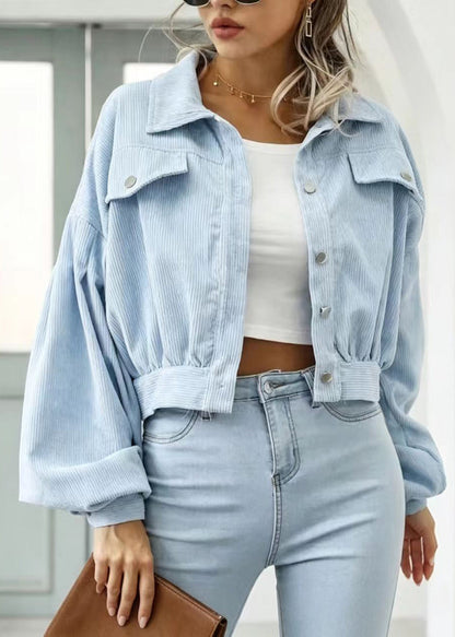 Casual Light Blue Turn-Down Collar Corduroy Lantern Sleeve