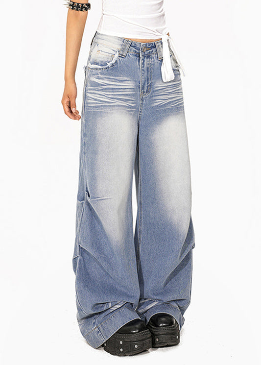 Casual Light Blue Wrinkled Pockets Patchwork Wide Leg Jeans