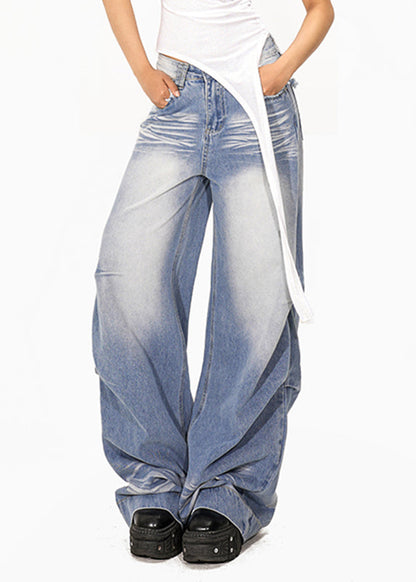 Casual Light Blue Wrinkled Pockets Patchwork Wide Leg Jeans