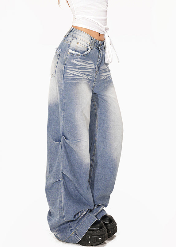 Casual Light Blue Wrinkled Pockets Patchwork Wide Leg Jeans