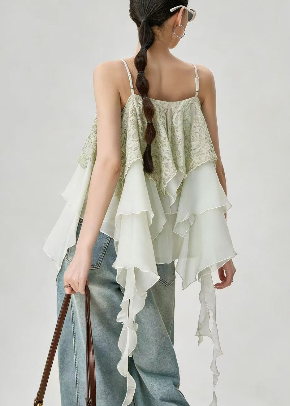Casual Light Green Asymmetrical Layered Patchwork Lace Tops Summer
